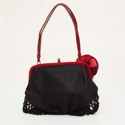 Pre Owned Moschino Black/Red Satin and Leather Tassel Floral Embroidered Shoulder Bag