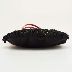 Pre Owned Moschino Black/Red Satin and Leather Tassel Floral Embroidered Shoulder Bag