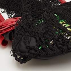 Pre Owned Moschino Black/Red Satin and Leather Tassel Floral Embroidered Shoulder Bag