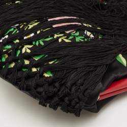 Pre Owned Moschino Black/Red Satin and Leather Tassel Floral Embroidered Shoulder Bag