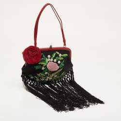 Pre Owned Moschino Black/Red Satin and Leather Tassel Floral Embroidered Shoulder Bag