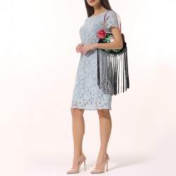 Pre Owned Moschino Black/Red Satin and Leather Tassel Floral Embroidered Shoulder Bag