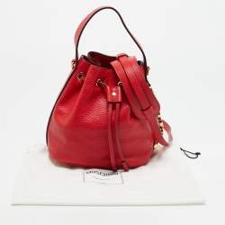 Pre Owned Moschino Logo Red Leather Drawstring Bucket Bag