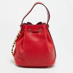 Pre Owned Moschino Logo Red Leather Drawstring Bucket Bag