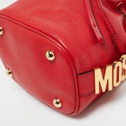 Pre Owned Moschino Logo Red Leather Drawstring Bucket Bag