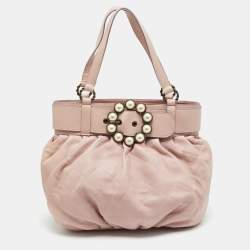 Pre Owned Moschino Belt Pearl Embellished Lilac Quilted Leather Tote