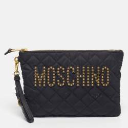 Pre Owned Moschino Logo Studded Black Quilted Leather Wristlet Pouch 
