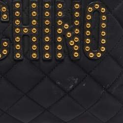 Pre Owned Moschino Logo Studded Black Quilted Leather Wristlet Pouch 
