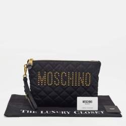 Pre Owned Moschino Logo Studded Black Quilted Leather Wristlet Pouch 