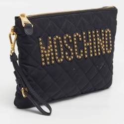 Pre Owned Moschino Logo Studded Black Quilted Leather Wristlet Pouch 