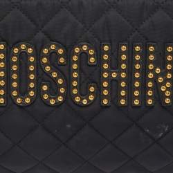 Pre Owned Moschino Logo Studded Black Quilted Leather Wristlet Pouch 