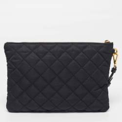 Pre Owned Moschino Logo Studded Black Quilted Leather Wristlet Pouch 