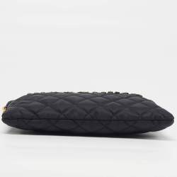 Pre Owned Moschino Logo Studded Black Quilted Leather Wristlet Pouch 