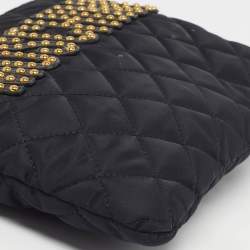 Pre Owned Moschino Logo Studded Black Quilted Leather Wristlet Pouch 