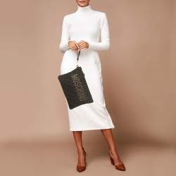 Pre Owned Moschino Logo Studded Black Quilted Leather Wristlet Pouch 