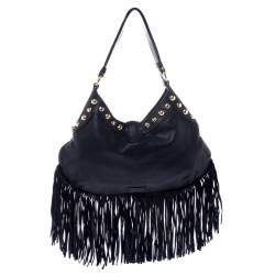 Moschino Navy Blue Leather Studded Fringe Hobo 