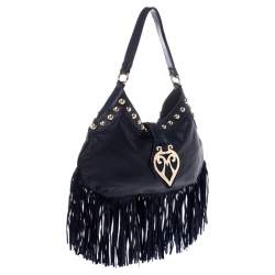 Moschino Navy Blue Leather Studded Fringe Hobo 