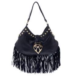 Moschino Navy Blue Leather Studded Fringe Hobo 
