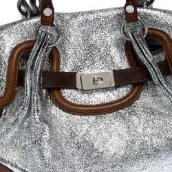 Pre Owned Moschino Metallic Silver Foil Leather Flap Satchel