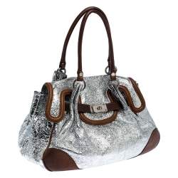 Pre Owned Moschino Metallic Silver Foil Leather Flap Satchel
