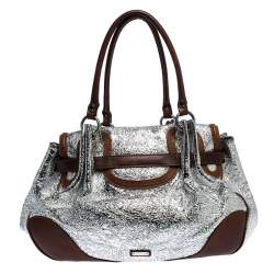 Pre Owned Moschino Metallic Silver Foil Leather Flap Satchel