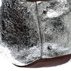 Pre Owned Moschino Metallic Silver Foil Leather Flap Satchel
