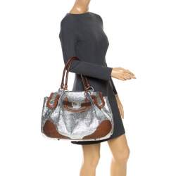 Pre Owned Moschino Metallic Silver Foil Leather Flap Satchel