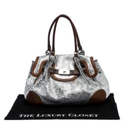 Pre Owned Moschino Metallic Silver Foil Leather Flap Satchel