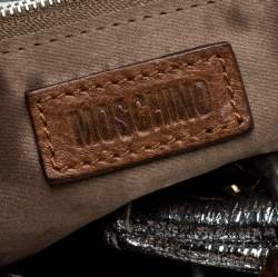 Pre Owned Moschino Metallic Silver Foil Leather Flap Satchel