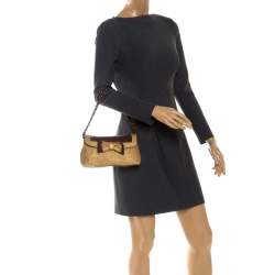 Pre Owned Moschino Gold/Brown Quilted and Snakeskin Embossed Leather Bow Flap Shoulder Bag