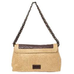 Pre Owned Moschino Gold/Brown Quilted and Snakeskin Embossed Leather Bow Flap Shoulder Bag