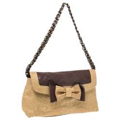 Pre Owned Moschino Gold/Brown Quilted and Snakeskin Embossed Leather Bow Flap Shoulder Bag