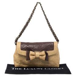 Pre Owned Moschino Gold/Brown Quilted and Snakeskin Embossed Leather Bow Flap Shoulder Bag