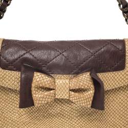 Pre Owned Moschino Gold/Brown Quilted and Snakeskin Embossed Leather Bow Flap Shoulder Bag