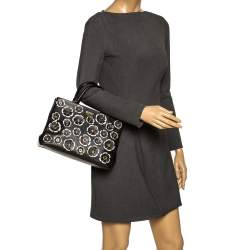 Pre Owned Moschino Black Floral Applique Leather Tote