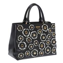 Pre Owned Moschino Black Floral Applique Leather Tote