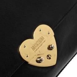 Pre Owned Moschino Black Leather Heart Clasp Shoulder Bag