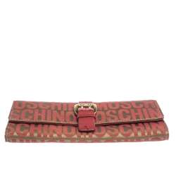 Pre Owned Moschino Red/Beige Signature Fabric and Leather Buckle Flap Wallet