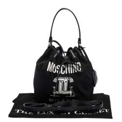 Pre Owned Moschino Black Logo Print Nylon and Leather Bucket Bag