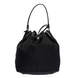 Pre Owned Moschino Black Logo Print Nylon and Leather Bucket Bag