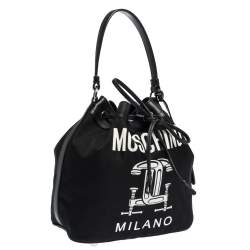 Pre Owned Moschino Black Logo Print Nylon and Leather Bucket Bag