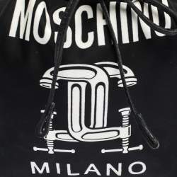 Pre Owned Moschino Black Logo Print Nylon and Leather Bucket Bag
