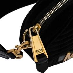 Pre Owned Moschino Black Chevron Velvet and Leather Logo Camera Crossbody Bag