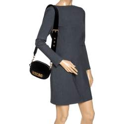 Pre Owned Moschino Black Chevron Velvet and Leather Logo Camera Crossbody Bag