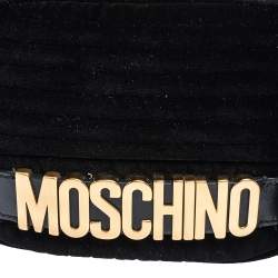Pre Owned Moschino Black Chevron Velvet and Leather Logo Camera Crossbody Bag