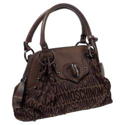 Pre Owned Moschino Dark Brown Signature Canvas and Leather Turnlock Satchel