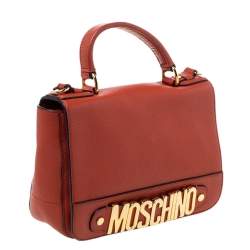 Pre Owned Moschino Burnt Orange Leather Logo Flap Shoulder Bag