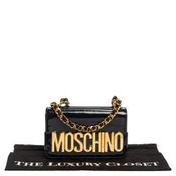Pre Owned Moschino Navy Blue Patent Leather Flap Crossbody Bag