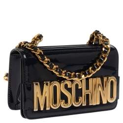 Pre Owned Moschino Navy Blue Patent Leather Flap Crossbody Bag
