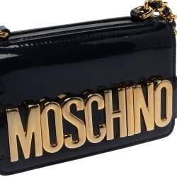 Pre Owned Moschino Navy Blue Patent Leather Flap Crossbody Bag